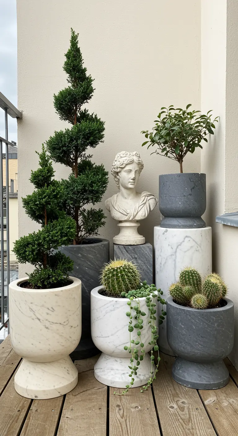 A collection of plants in marble pots of varying heights, with a classical bust.