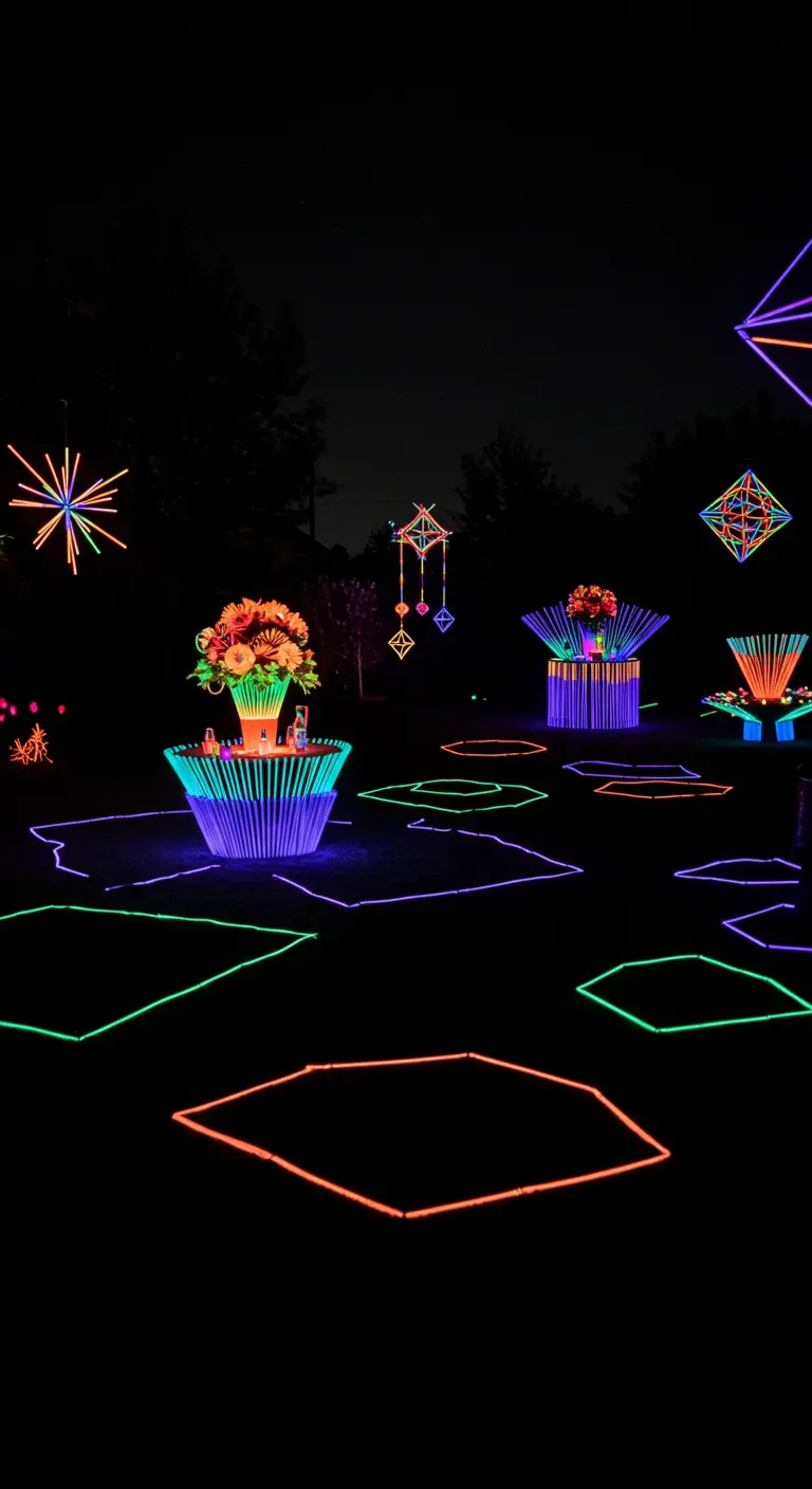 An outdoor nighttime scene with glowing geometric shapes made from colorful glow sticks.