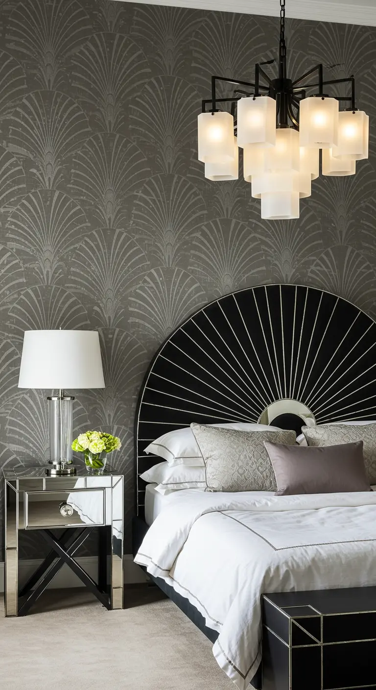 Gray bedroom with an Art Deco-style sunburst headboard, mirrored nightstand, and geometric chandelier.