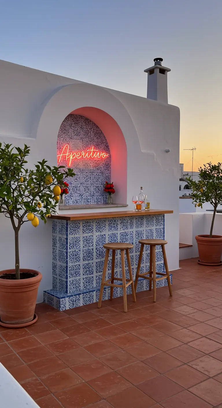 Whitewashed terrace with a tiled niche bar and an 'Aperitivo' neon sign.