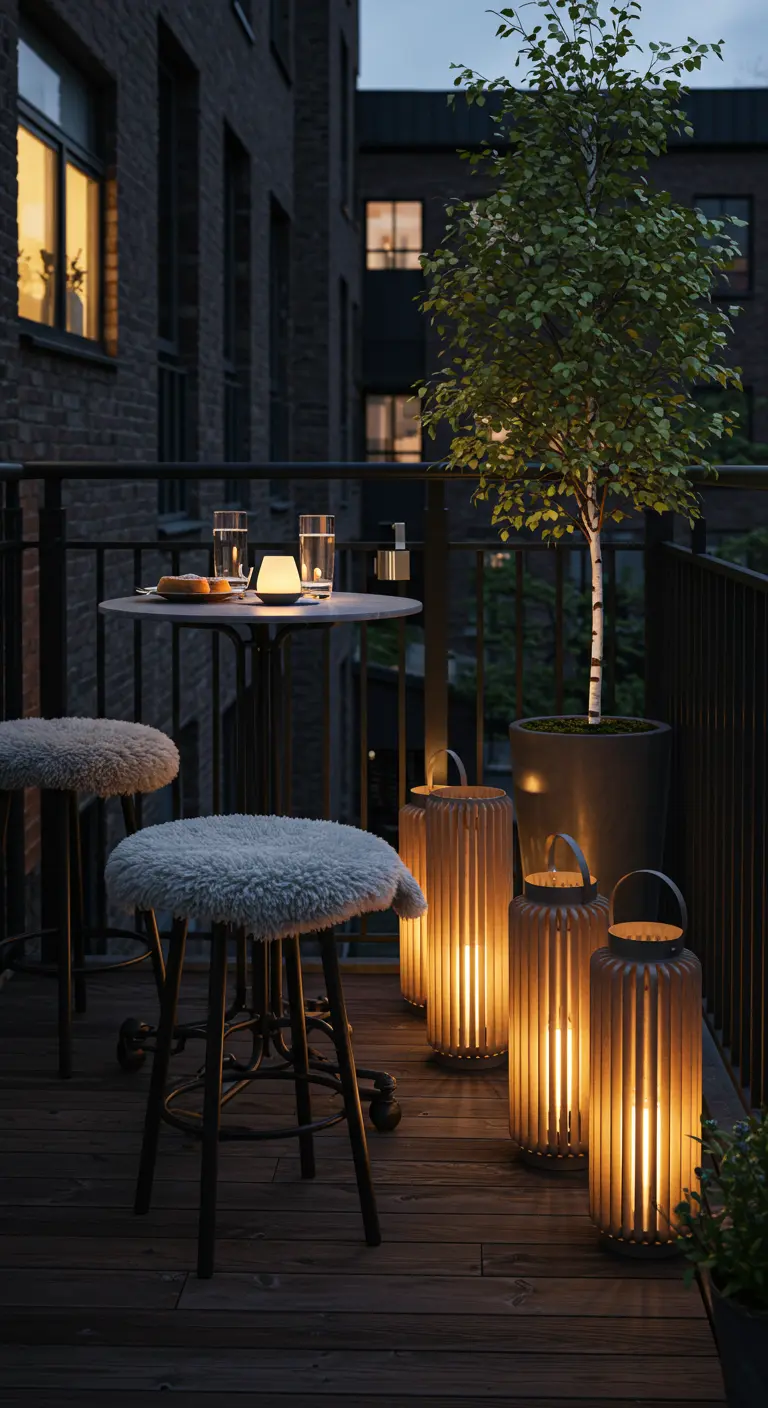 A modern balcony with a bistro table, stools with sheepskin tops, and slatted lanterns.