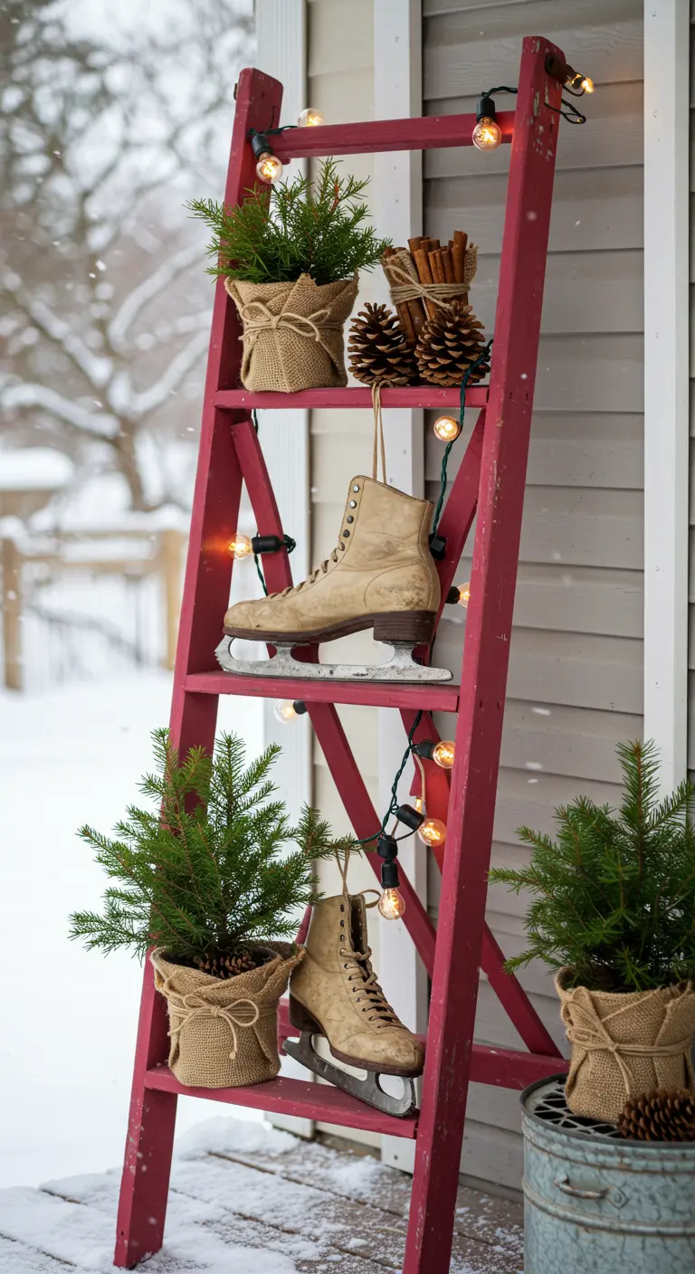 A red ladder in the snow decorated with string lights, small evergreens, and vintage ice skates.
