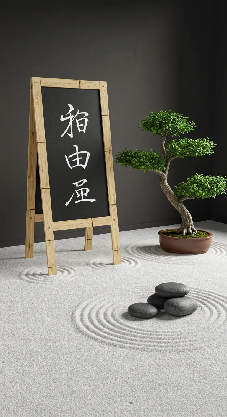 A simple A-frame chalkboard with Japanese calligraphy in a zen garden.