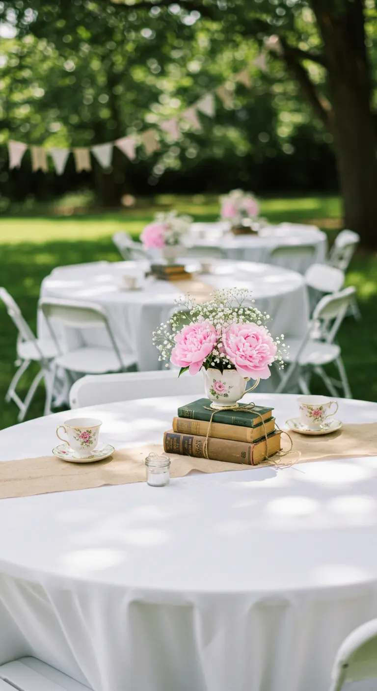 Vintage teacup with pink peonies sits atop a stack of old books on a white tablecloth.