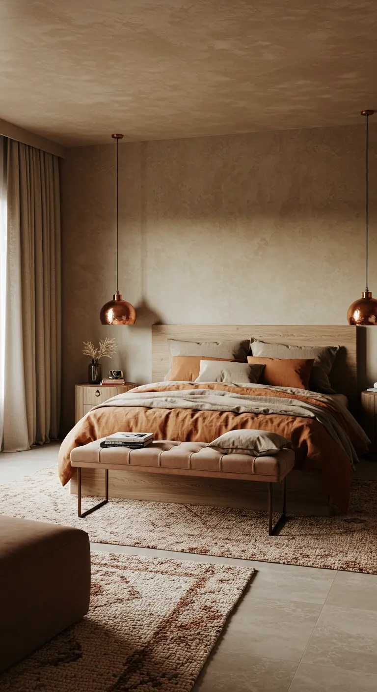 Bedroom with beige plaster walls, copper pendant lights, and terracotta-colored bedding.