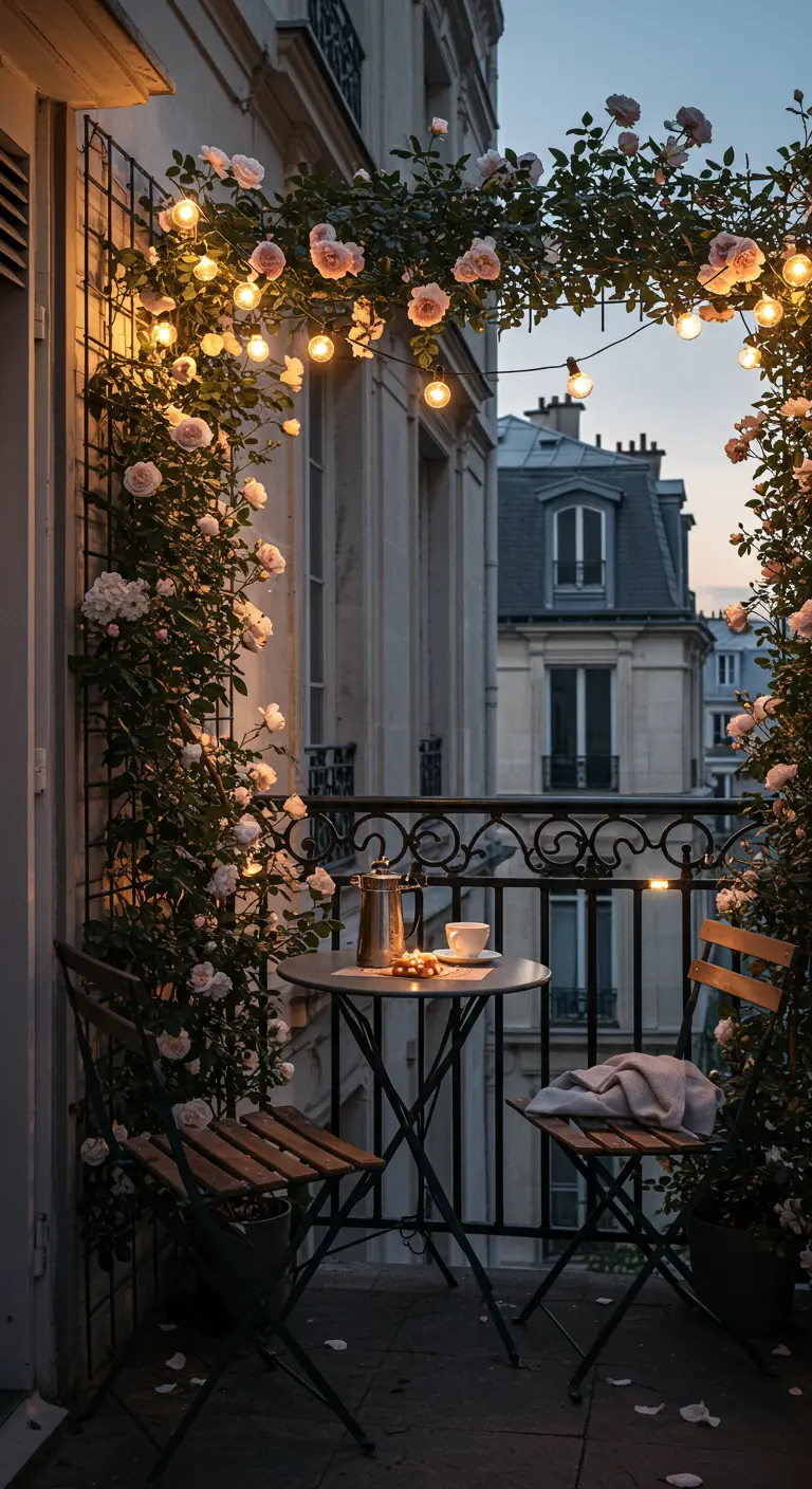 A charming Parisian balcony with a bistro set, framed by an arch of climbing roses and globe lights.