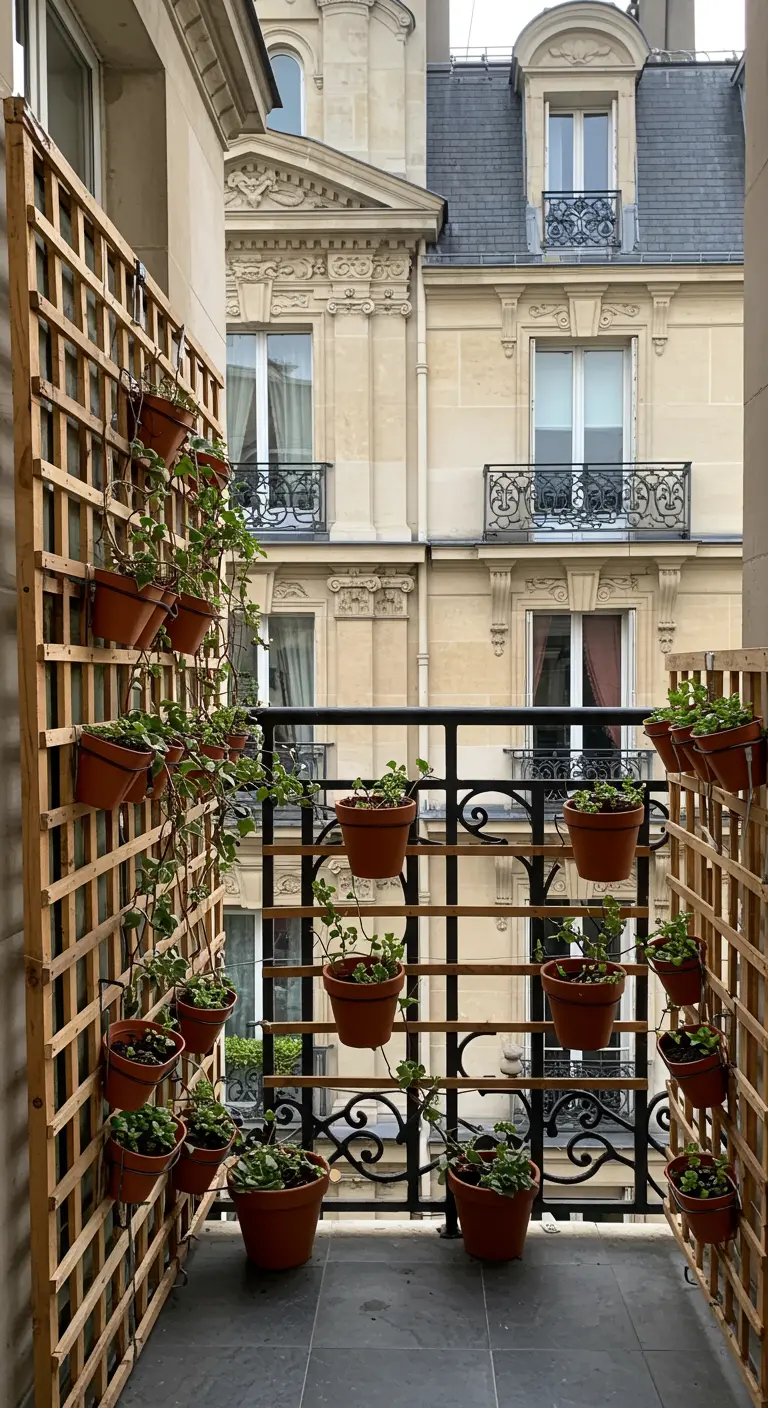 Two wooden trellis panels with terracotta pots of ivy on a Parisian balcony.