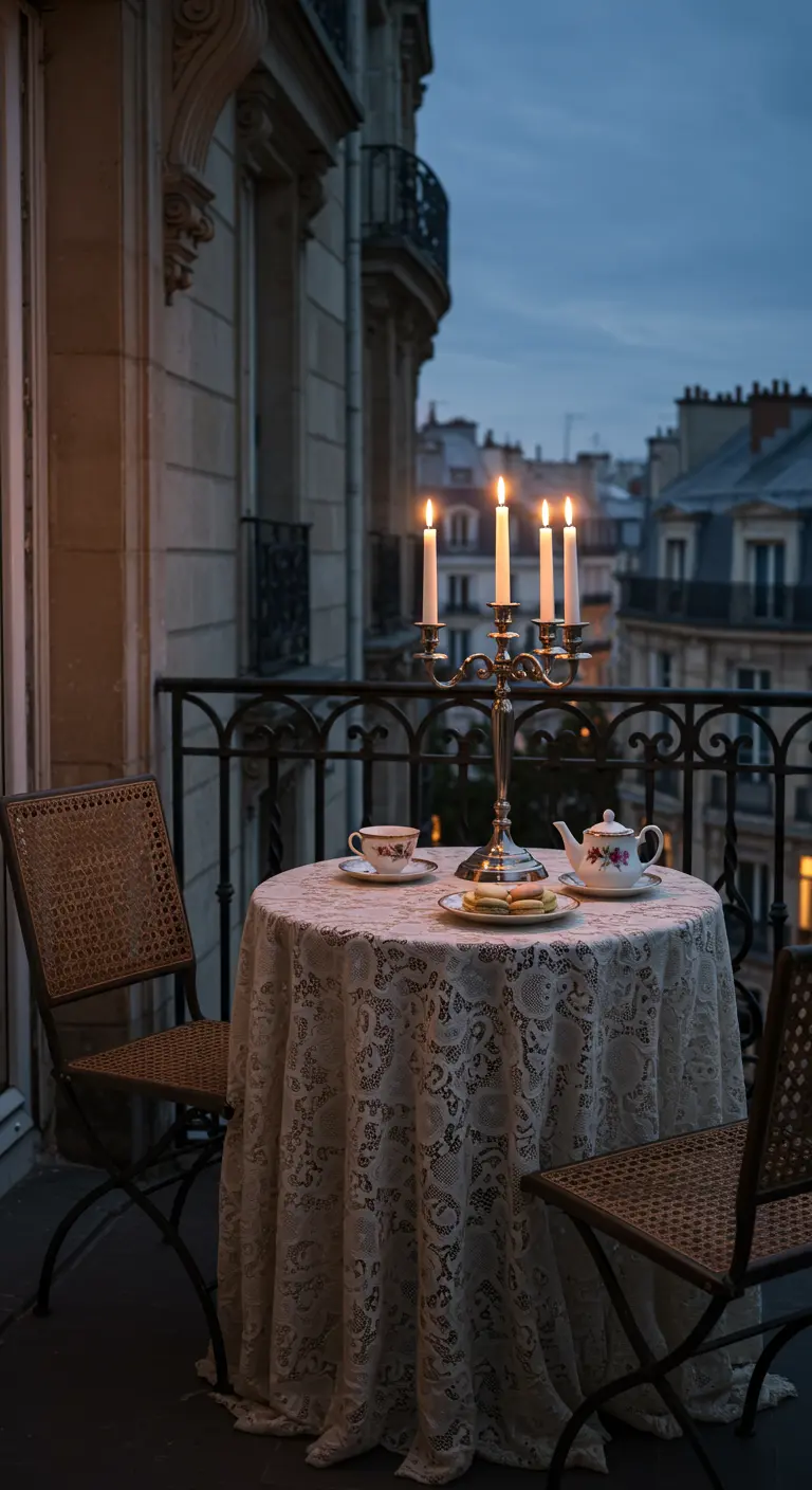 A small Parisian balcony at dusk with a lace-covered table, candelabra, and tea set for two.