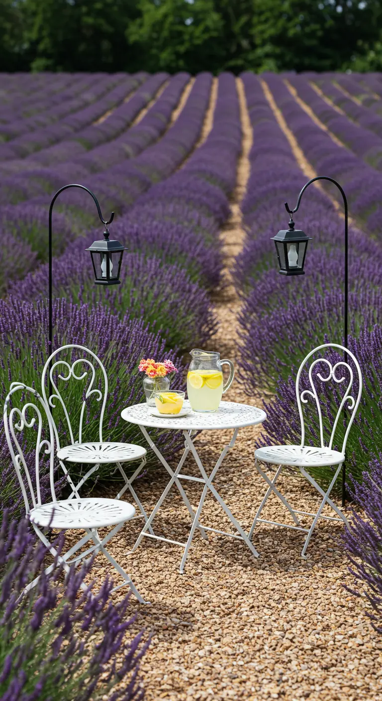 A white bistro table and chairs set between two lanterns in a gravel path.
