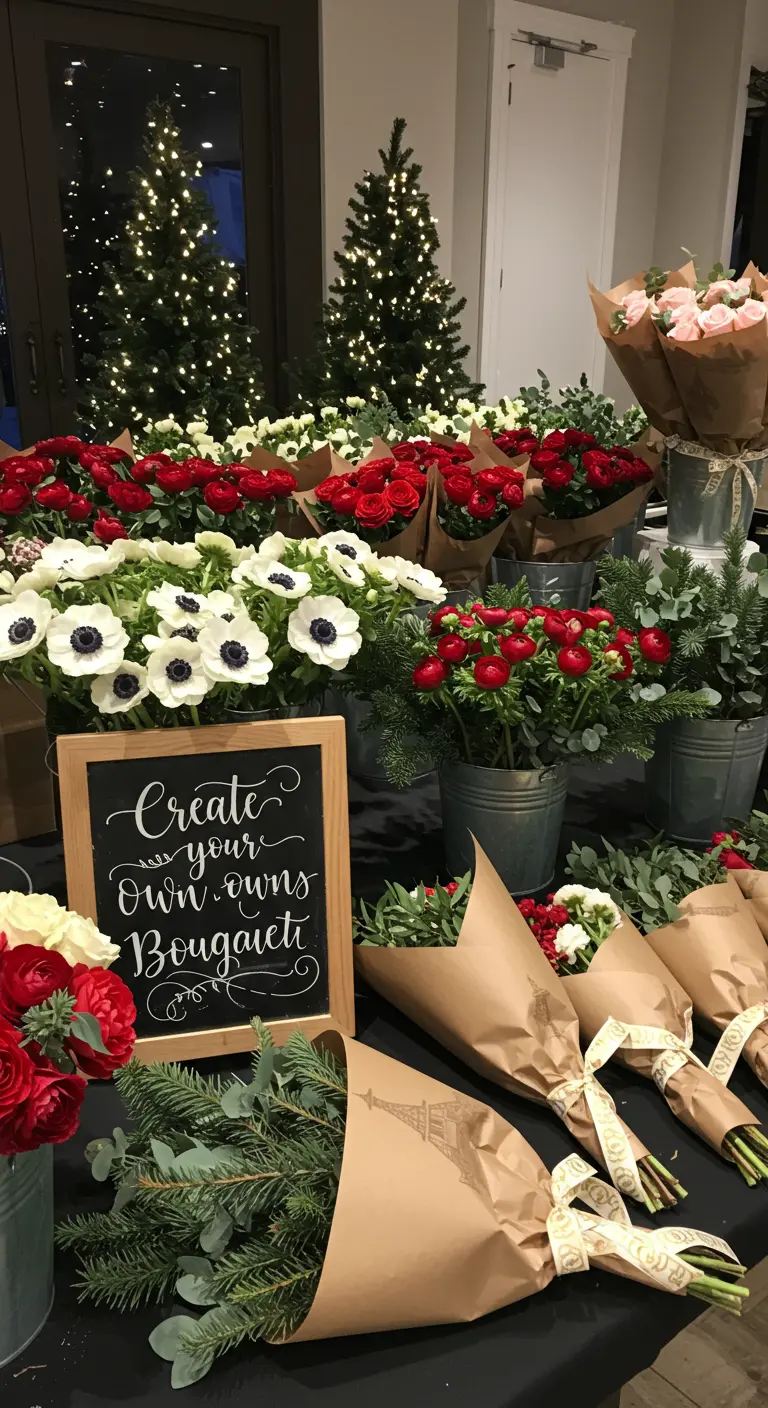 A flower market station where guests can create their own bouquets with red and white flowers