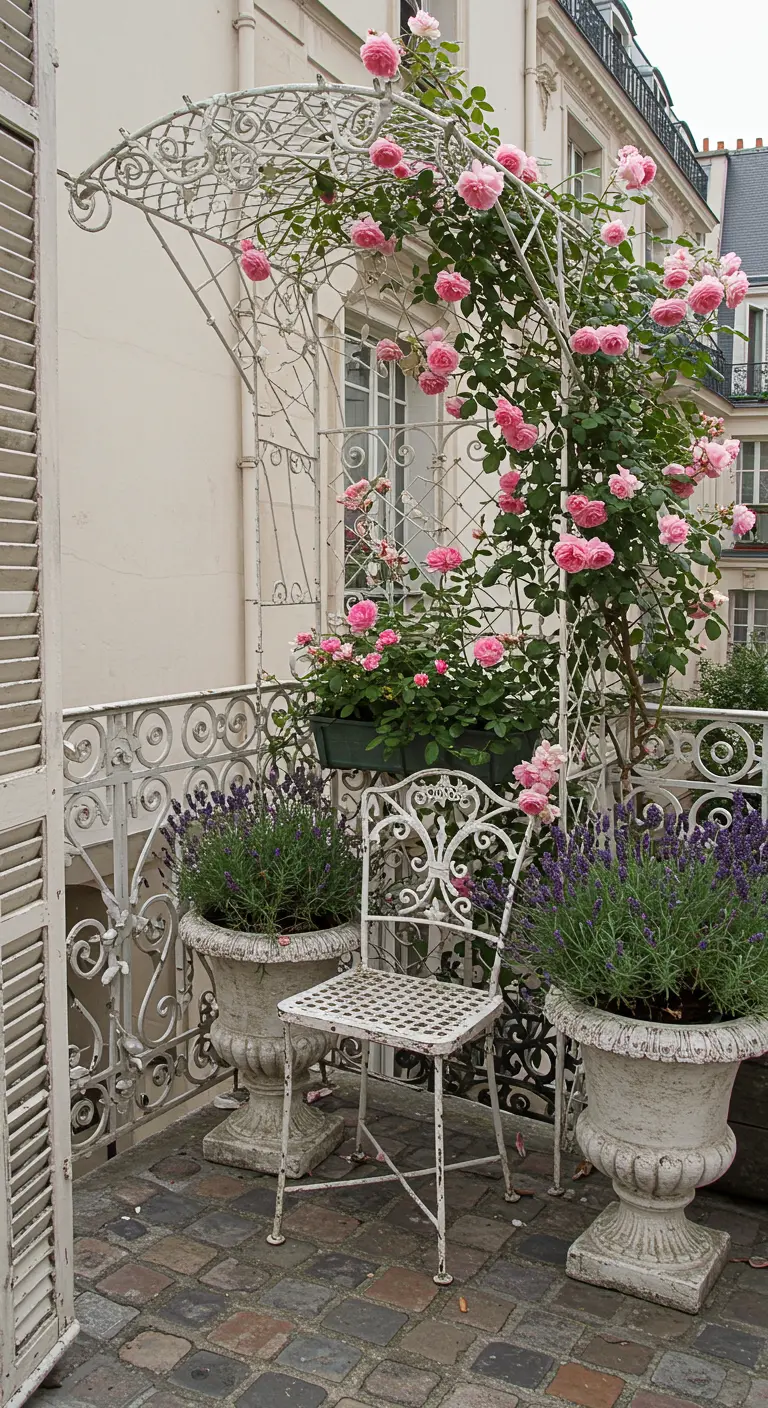 Parisian balcony with a white wrought iron arch covered in pink roses and flanked by lavender pots.