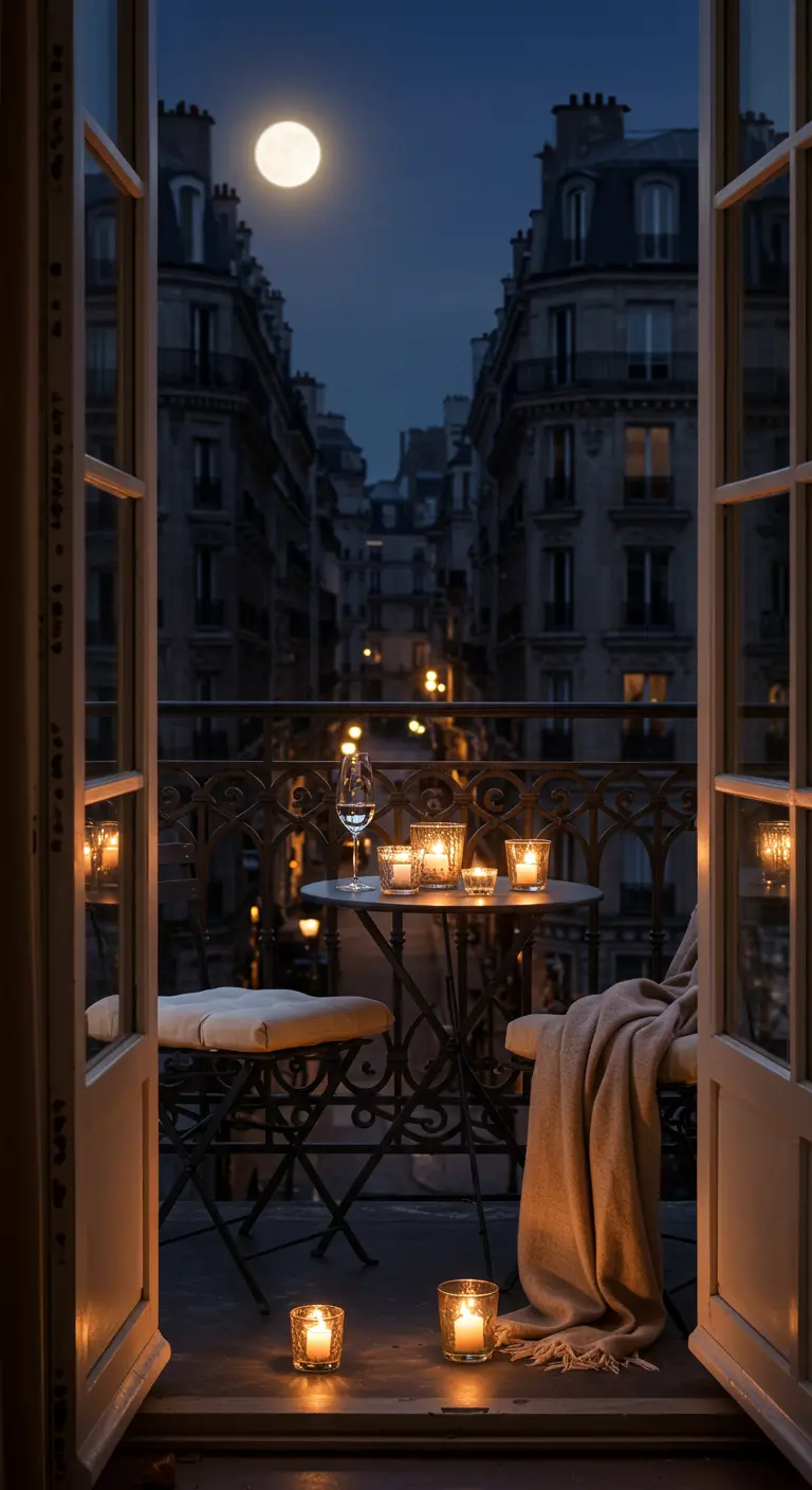 A small Parisian balcony with a bistro set, lit by a cluster of candles on the table.