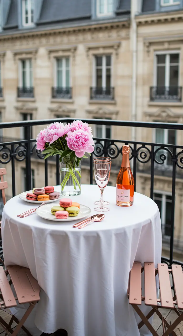 Parisian balcony table with pink peonies, macarons, and rosé wine.
