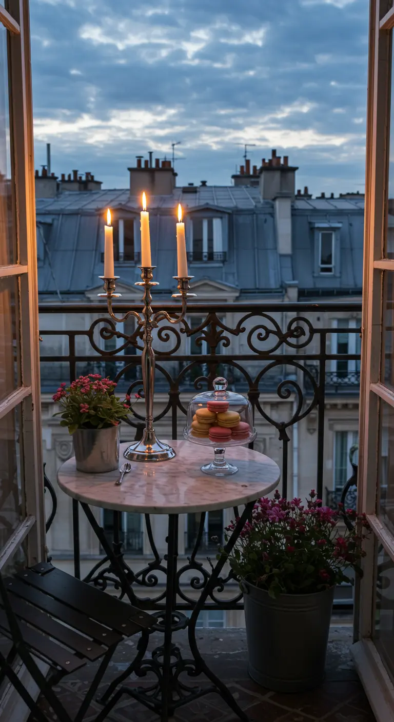 A classic Parisian balcony with a marble bistro table, macarons under a cloche, and a silver candelabra.