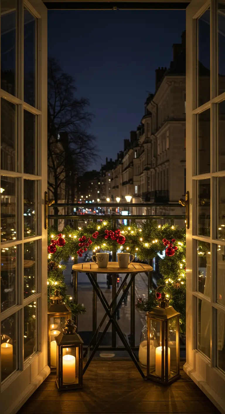 Small Parisian balcony with a bistro set framed by a lush, lit garland.