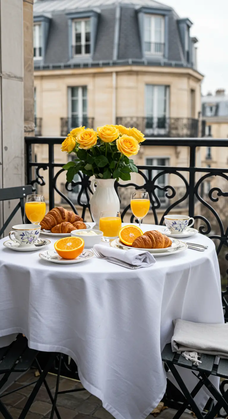 A small Parisian balcony table set for two with yellow roses, croissants, and orange juice.