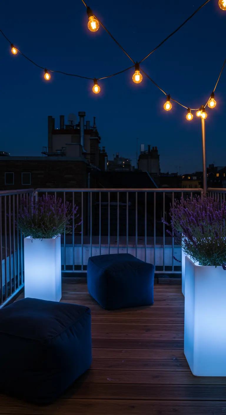Balcony at night with dark blue poufs, glowing planters with lavender, and string lights overhead.