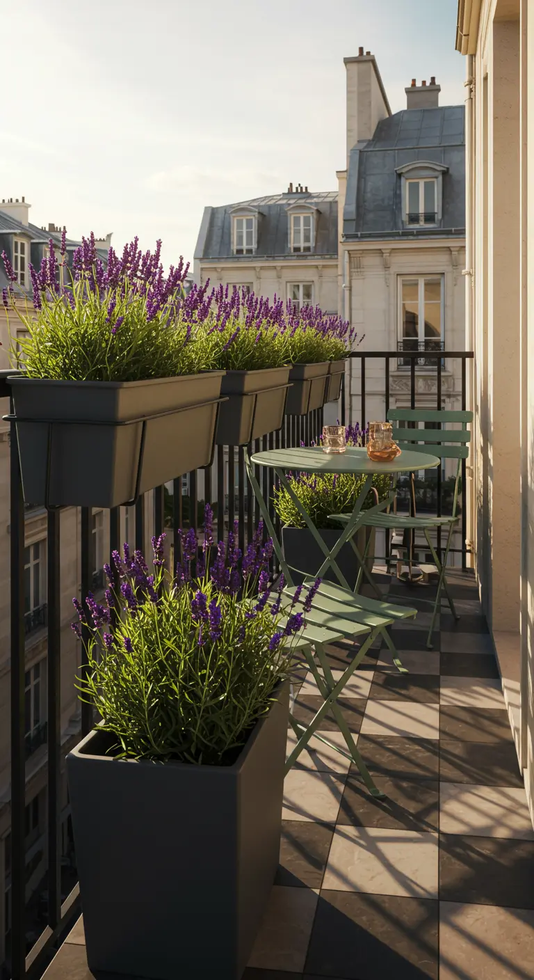 A Parisian balcony with a green bistro set, railing planters filled with lavender, and a checkered floor.