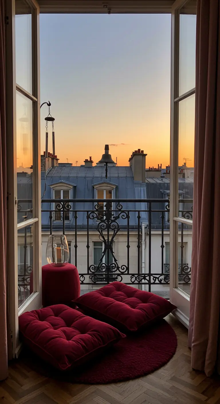 Parisian balcony with ruby velvet floor cushions overlooking rooftops at dusk.