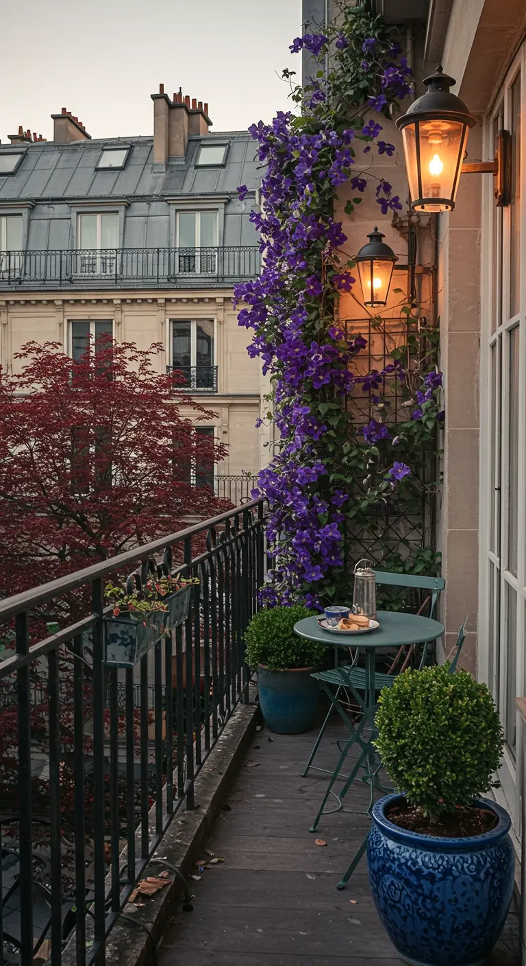 Narrow Parisian balcony with a climbing purple clematis, bistro set, and boxwood topiaries.