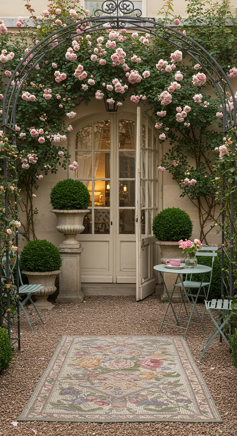 Romantic courtyard with a rose arch over a door and a floral mosaic rug on gravel.