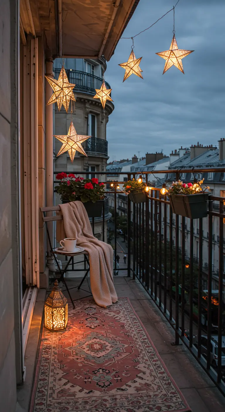 A Parisian balcony at dusk with large, glowing star lanterns hanging above a bistro chair.