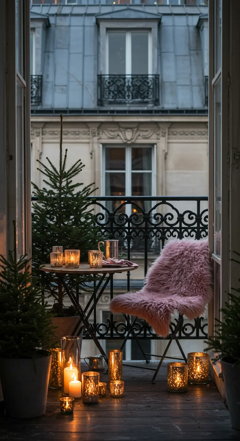 A classic Parisian balcony with a bistro set, a pink fur throw, and clustered candles.