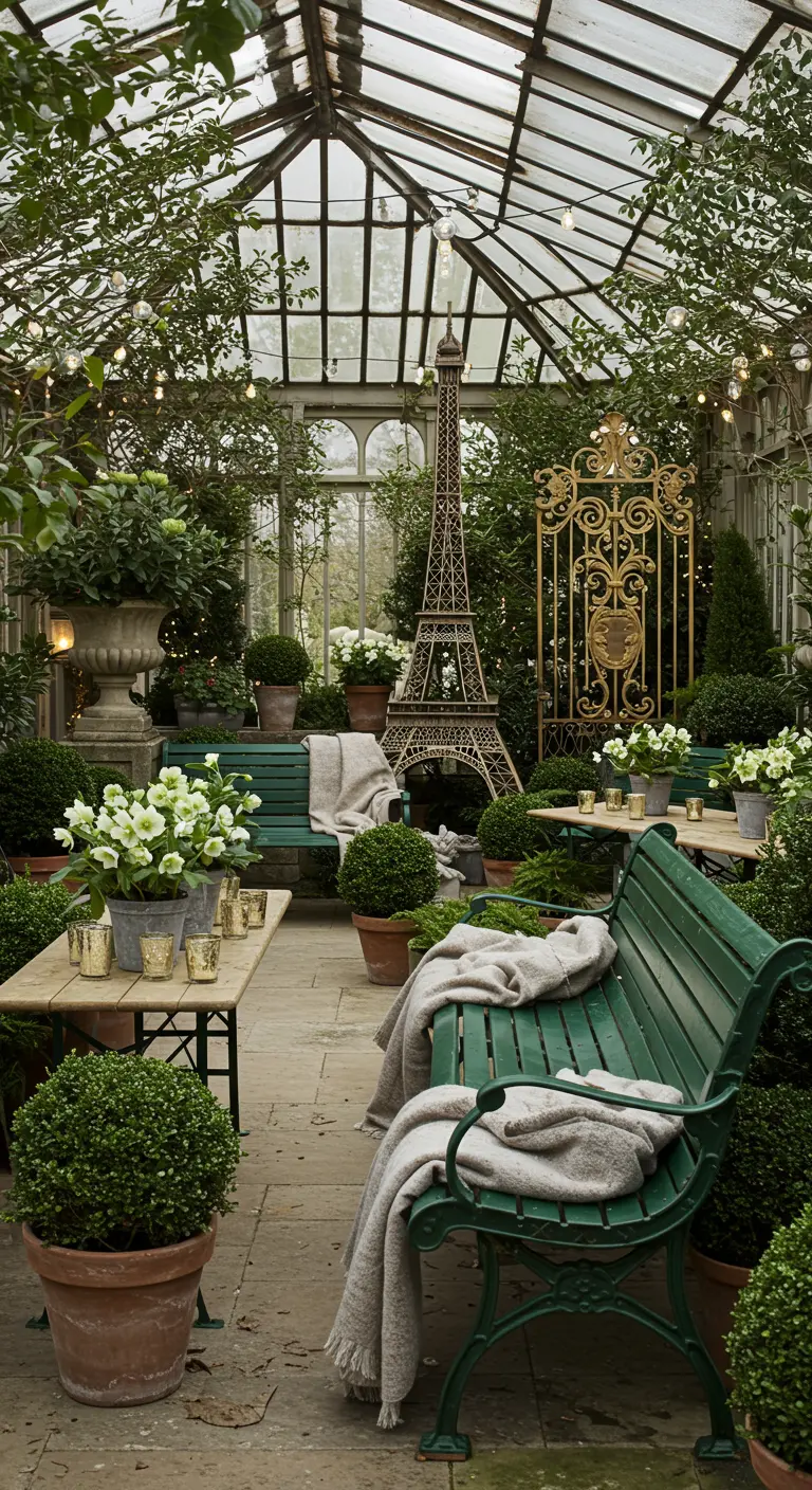 A greenhouse decorated for a party with park benches, potted plants, and an Eiffel Tower statue