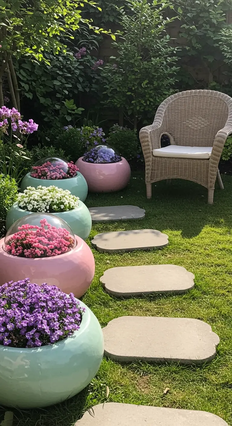 A garden nook with pastel-colored bowl planters and a wicker chair on the lawn.
