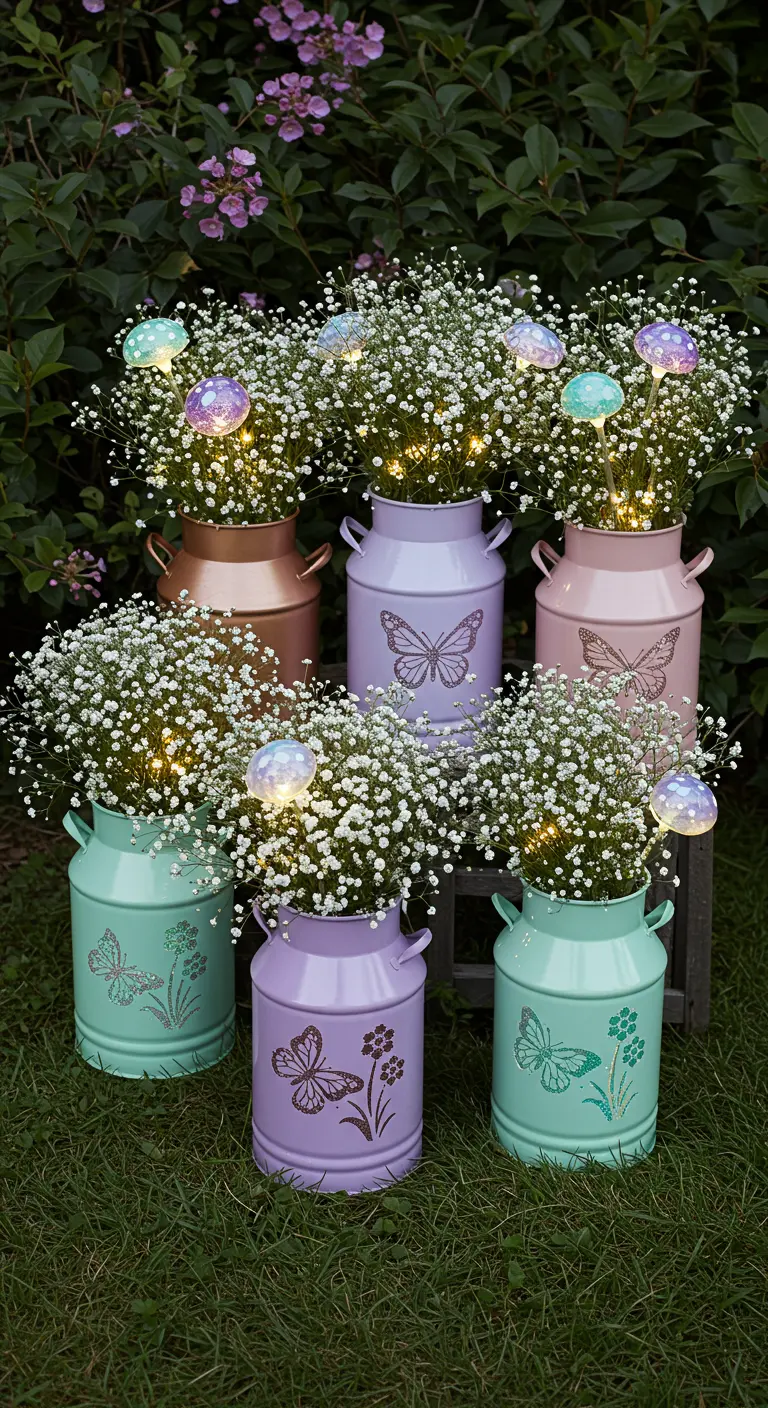 A group of pastel-colored milk cans with butterfly stencils, filled with baby's breath and fairy lights.