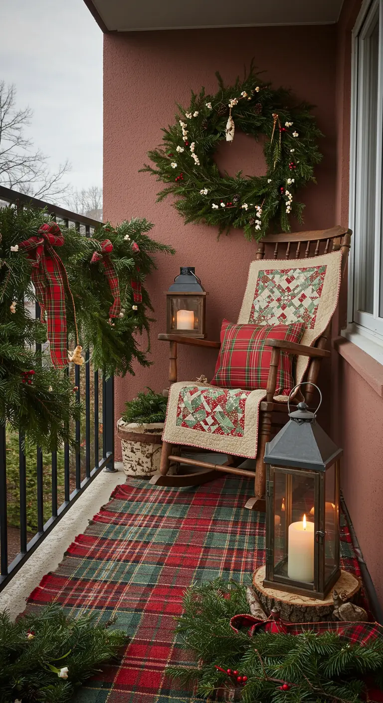 A cozy Christmas balcony with a rocking chair, plaid rug and pillow, and a large wreath.