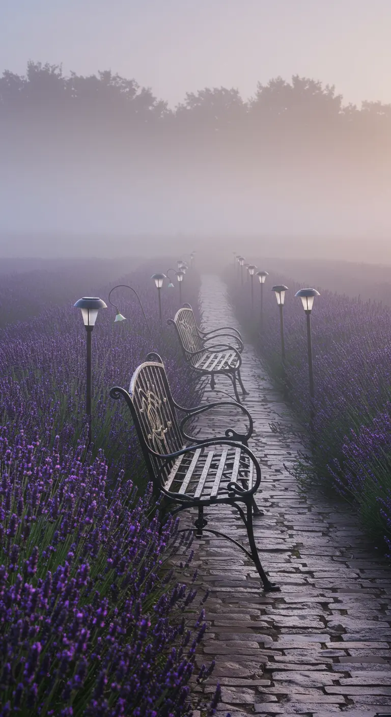 A row of benches along a wet cobblestone path in a foggy lavender field.