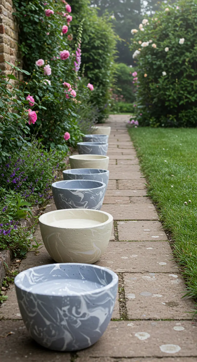 A line of muted gray and cream marbled bowls along a stone garden path.