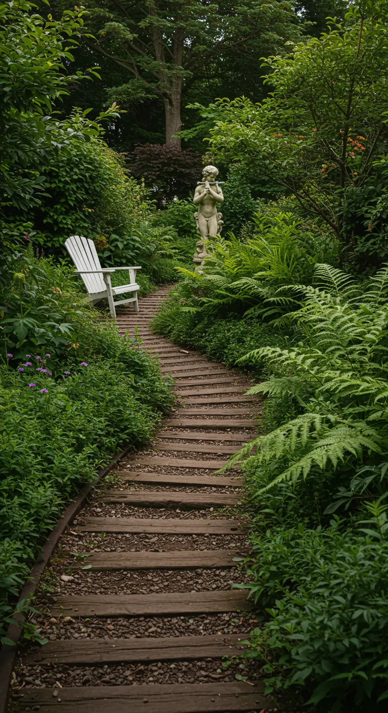 A statue of a cherub stands along a winding woodland path near a single white chair and ferns.
