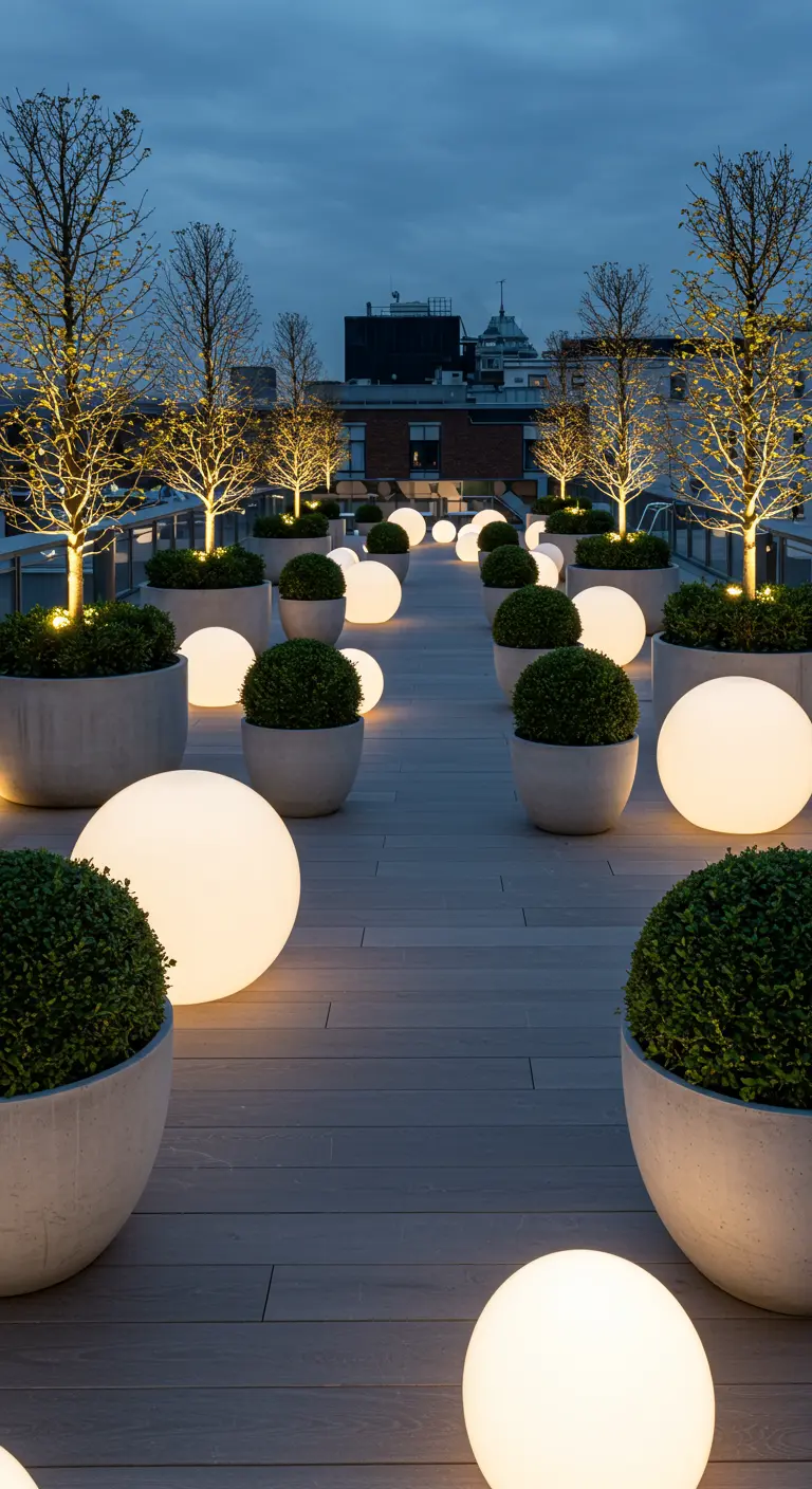 A rooftop deck with glowing orb lights scattered among planters with boxwood shrubs.