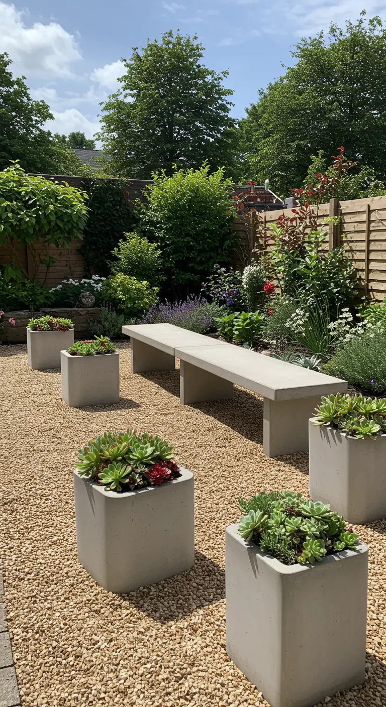 A concrete bench in a gravel garden with a path defined by matching square concrete planters.