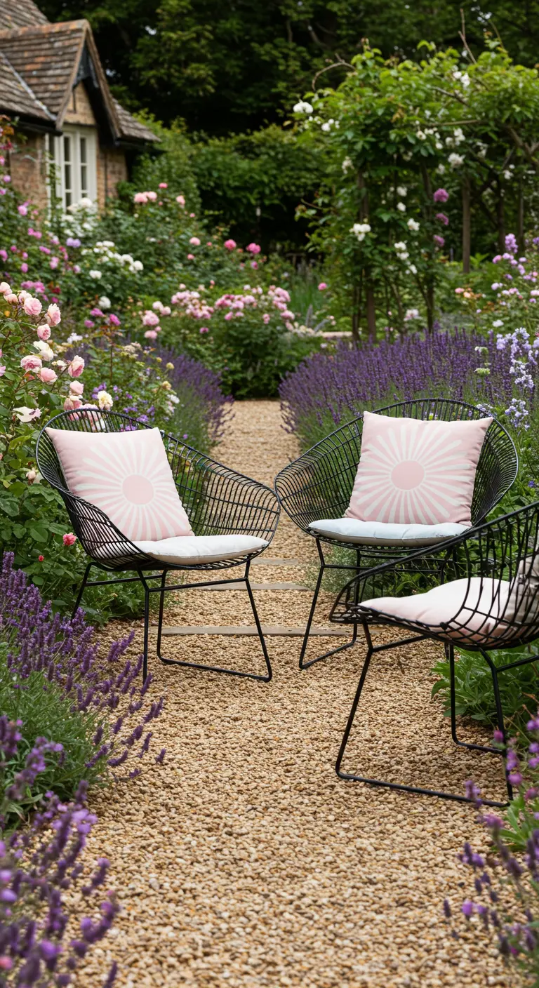 Three black wireframe chairs with pink sunburst cushions at the end of a gravel path lined with lavender.