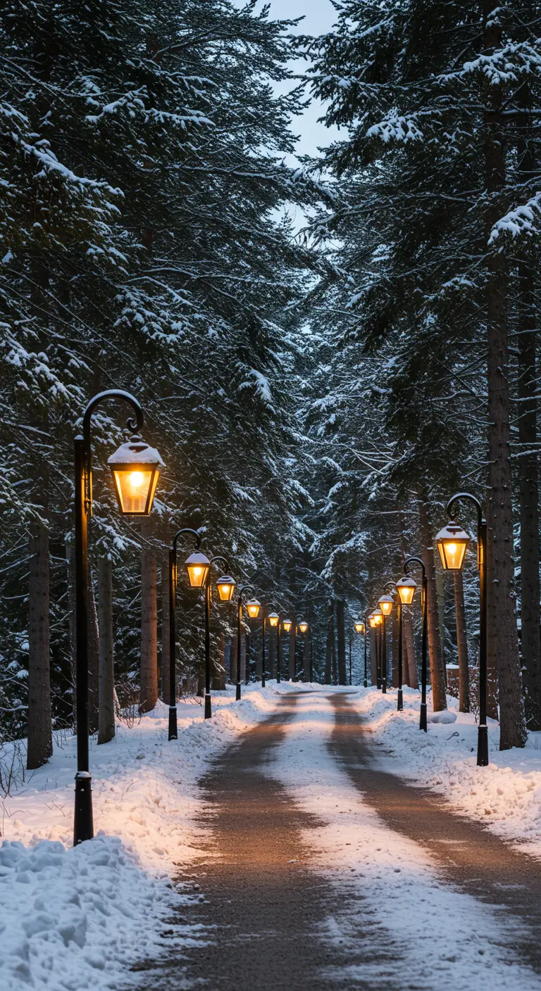 A snowy road through a pine forest lined with traditional glowing lampposts.