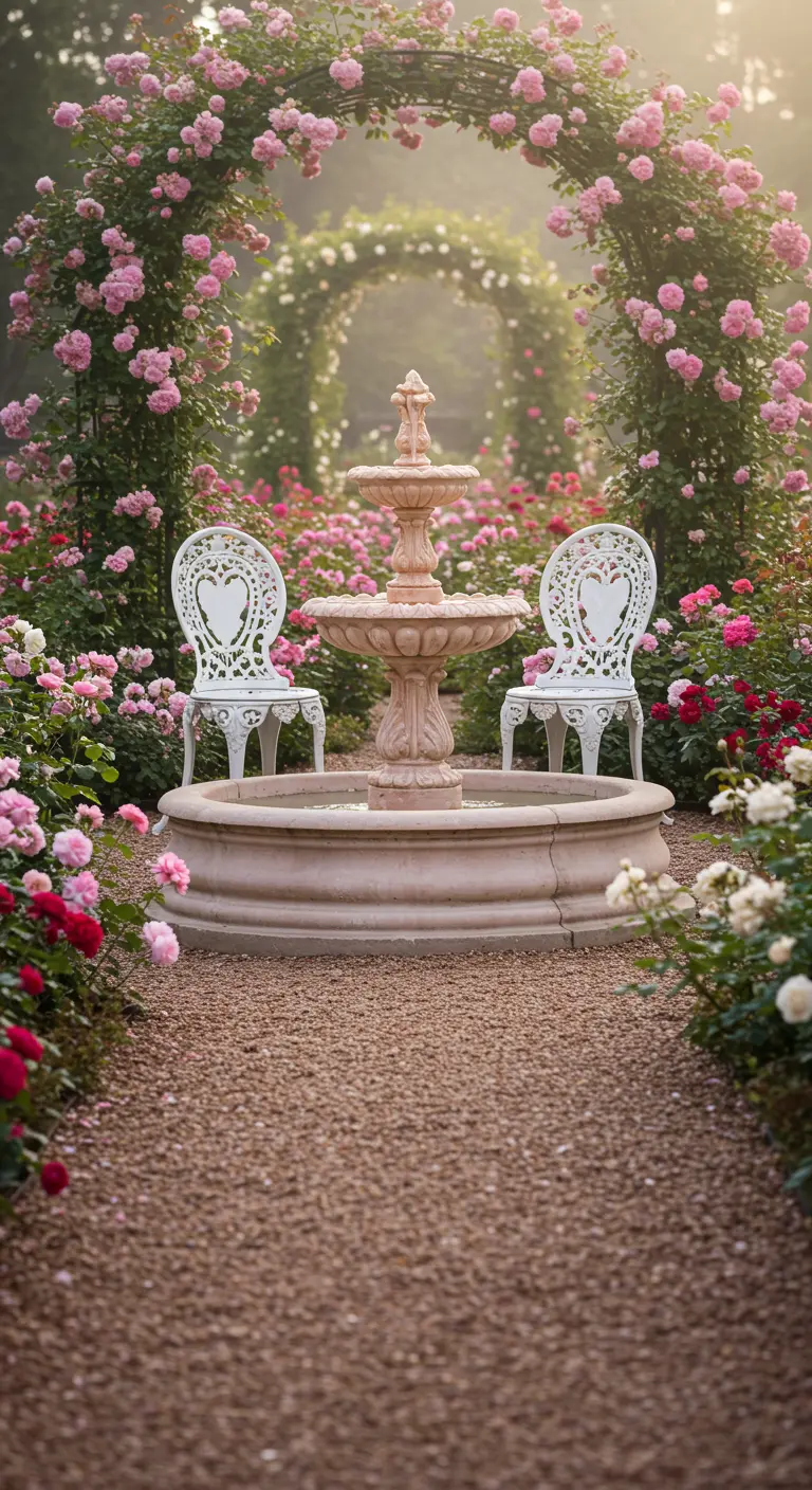 Two white heart-shaped chairs flank a fountain in a garden filled with pink roses.