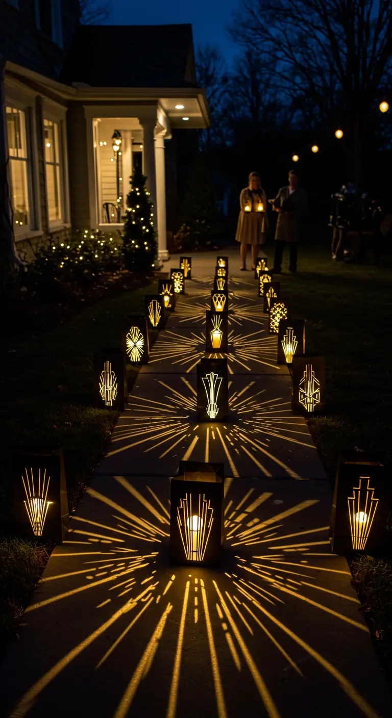 A walkway at night lined with black paper lanterns with Art Deco cutouts casting dramatic light patterns.