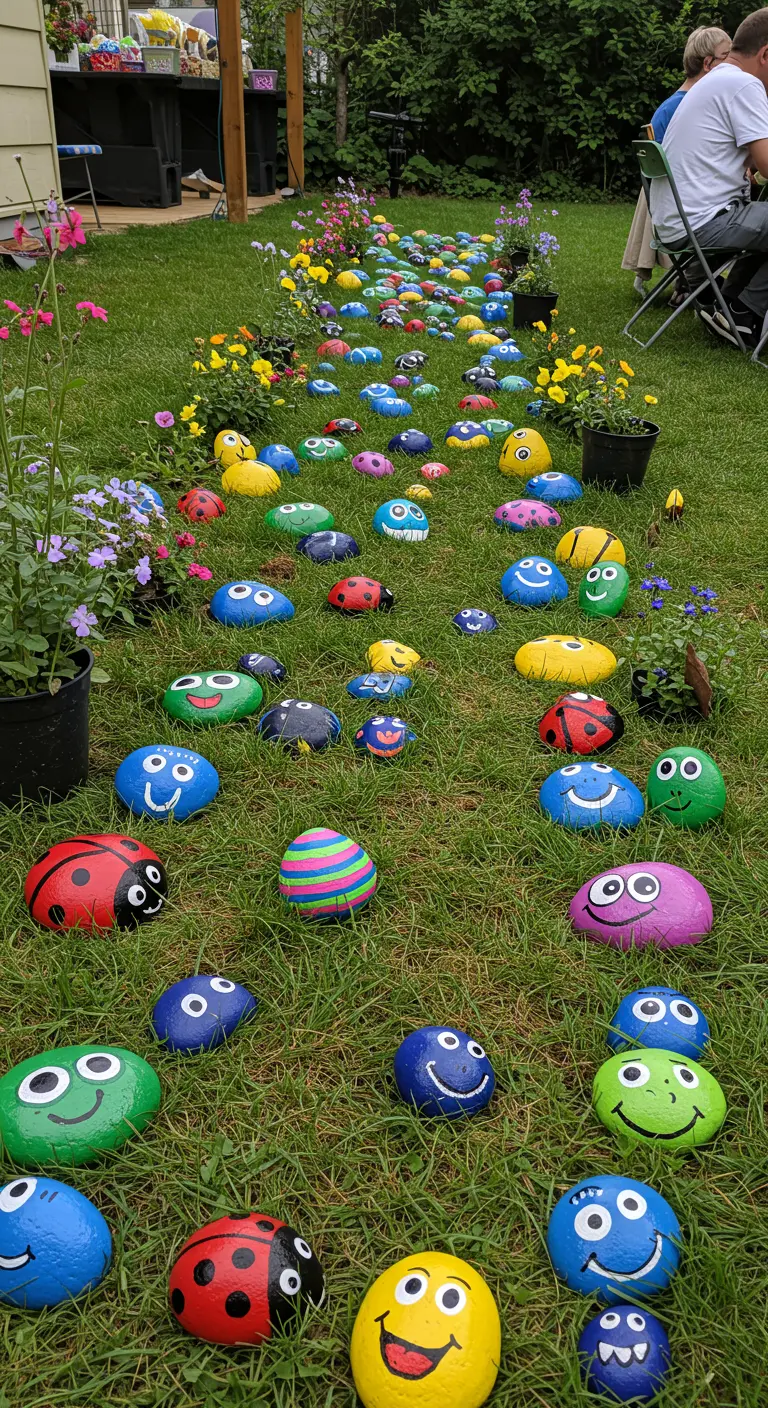 A garden path lined with rocks painted as colorful ladybugs and funny faces.