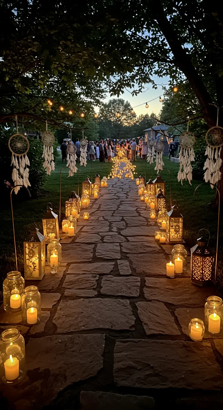 A stone pathway at dusk, lined with dozens of candles in jars and lanterns, leading to a party.
