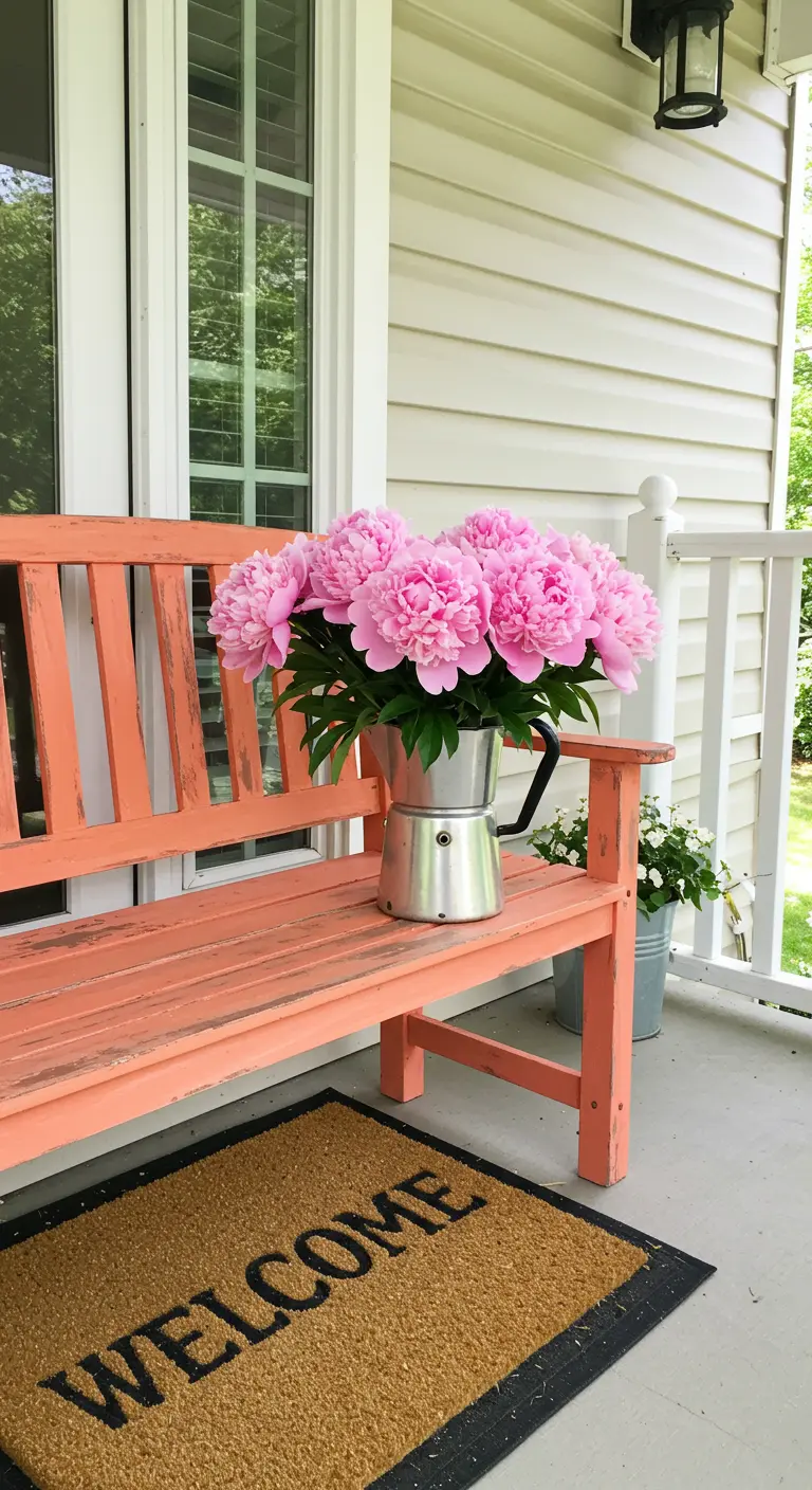 A coral-painted bench on a front porch with a welcome mat and peonies in a coffee pot.
