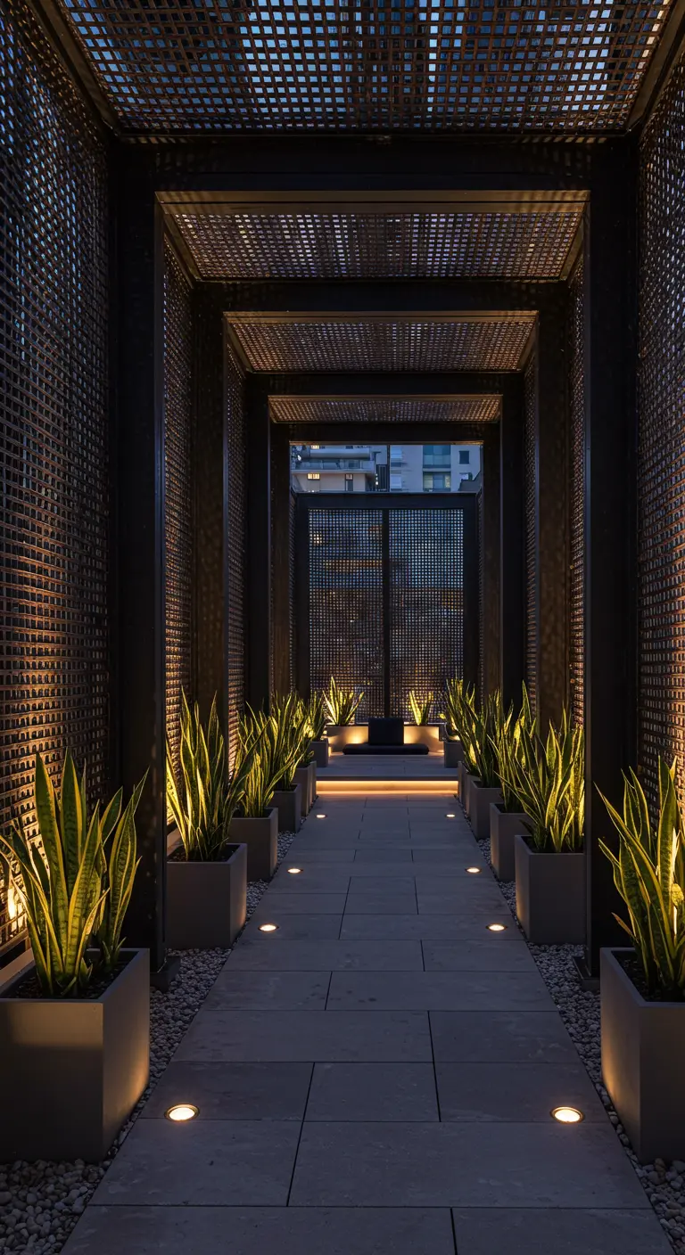 A modern corridor made of perforated metal, lined with illuminated snake plants in pots.