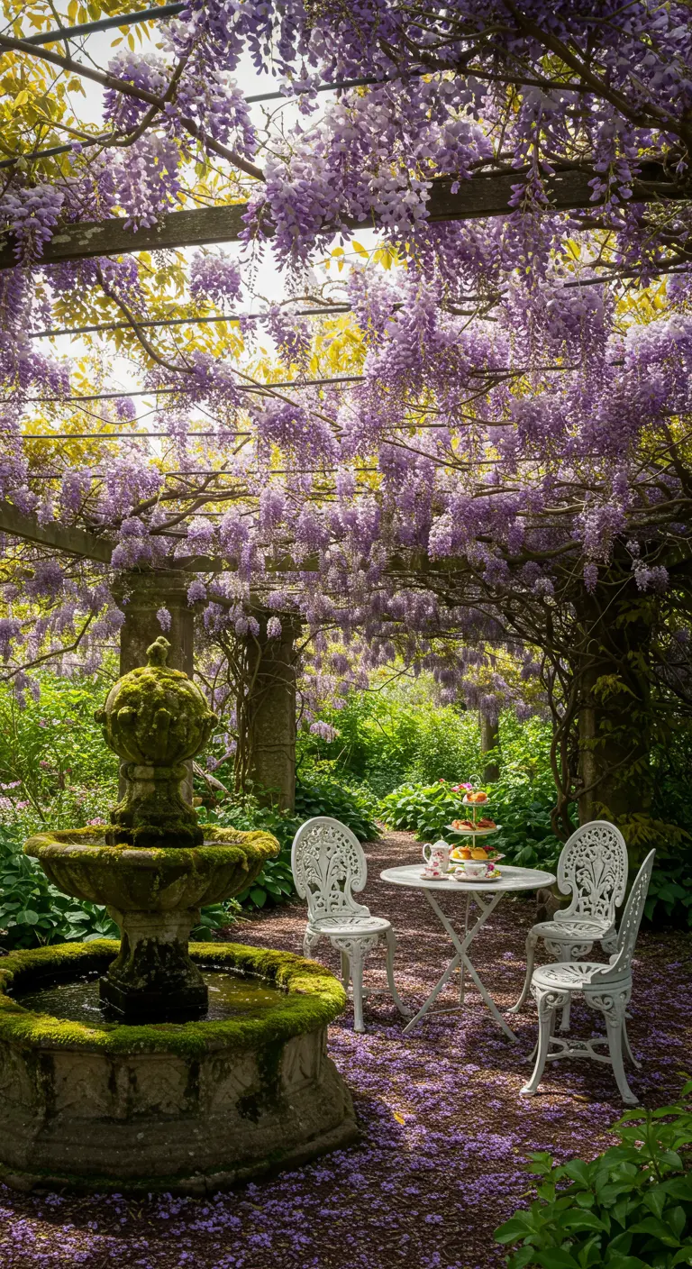 Tea setting under a wisteria-draped pergola next to a mossy fountain.