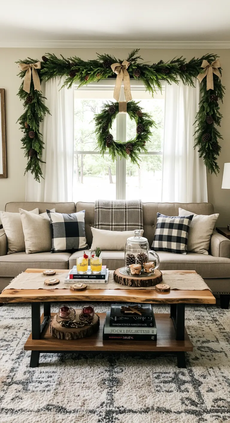 Living room window framed with a lush evergreen garland and a hanging wreath.