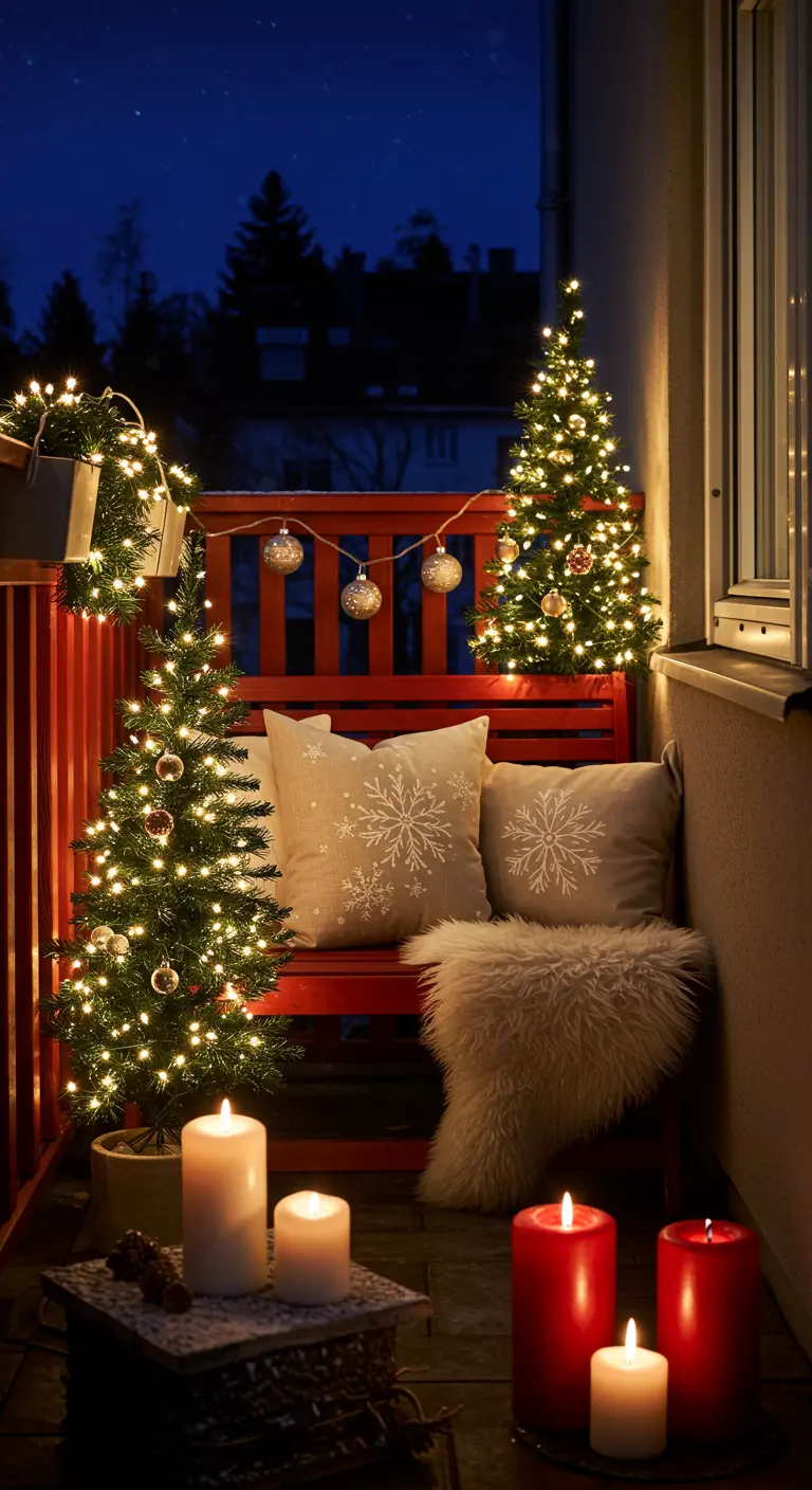 A festive red balcony bench with snowflake pillows, lit mini trees, and red candles.