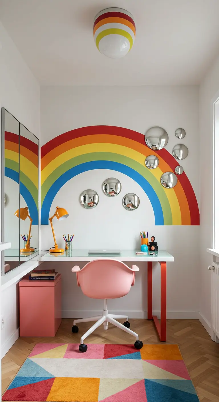 A child's desk sits in front of a wall with a large, painted rainbow arch and bubble mirrors.