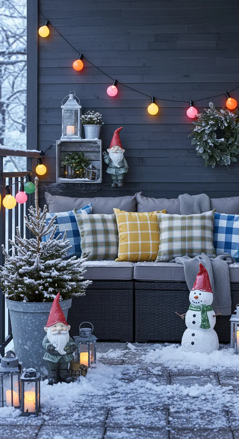 A festive balcony with a sofa, colorful plaid pillows, gnomes, a snowman, and colored lights.