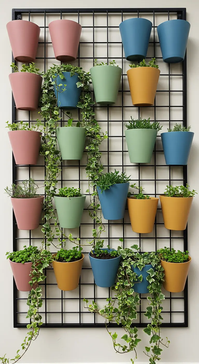 A black grid filled with an assortment of colorful pots in muted tones.